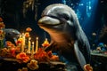 Dolphin with birthday cake with candles in front of it. Generative AI