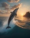A dolphin breaching very calm waters during sunset
