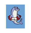 dolphin cartoon character entered through the lifebuoy and smiles illustration Royalty Free Stock Photo
