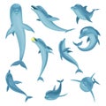 Dolphin cartoon characters set isolated on white. Vector illustration of sea life blue fish or wild nature animals in Royalty Free Stock Photo