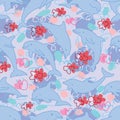 Dolphin cute pastel flower seamless pattern