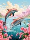 Dolphin embroidery. Cross stitch pattern. Cross stitching illustration of two dolpings jumping from the sea in front of mountains
