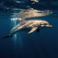 Dolphin emerging from deep dark ocean, sun rays illuminating its robust body and creating wavy reflections. Royalty Free Stock Photo