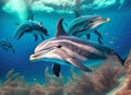 dolphin family underwater on reef close up look. Generative AI Royalty Free Stock Photo