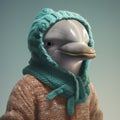 Photographically Detailed Cartoon Portrait Of A Dolphin Wearing Sweaters