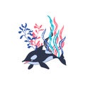 Dolphin Floating Among Sea Weeds Vector Illustration