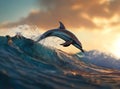 A dolphin gracefully leaps above ocean waves during a colorful sunset