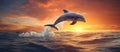 A dolphin gracefully leaps over the water under the colorful sunset sky Royalty Free Stock Photo