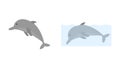 Dolphin isolated and in water. Cute surfacing dolphin shows fin. Cartoon marine animal. Flat creature