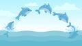 Dolphin jump out of water. Cartoon marine landscape with jumping dolphins and splashes. Cute ocean dolphin character Royalty Free Stock Photo