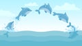 Dolphin jump out of water. Cartoon marine landscape with jumping dolphins and splashes. Cute ocean dolphin character vector Royalty Free Stock Photo