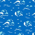 Dolphin Jumping Ocean in Blue Color Palette Vector Graphic Cartoon Seamless Pattern Royalty Free Stock Photo