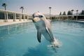 Dolphin jumping out of the pool in luxury hotel swimming pool, white dolphin in the pool, AI Generated