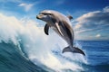 Dolphin jumping out of the sea. 3D rendered illustration Dolphins jumping out of the ocean waves against blue sky background, AI Royalty Free Stock Photo