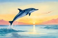 dolphin jumping out of sea over a beautiful sunset. ai generated Royalty Free Stock Photo