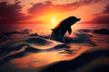 dolphin jumping out of the sea at sunset. Generative AI, Generative, AI Royalty Free Stock Photo