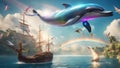 dolphin jumping out of the water A fantasy dolphin jumping near a flying boat, with clouds, rainbows, and birds.