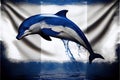 a dolphin jumping out of the water with a flag in the background that is blue and white with a white stripe Royalty Free Stock Photo