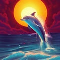 a dolphin jumping out of water in front of a colorful horizon, ai generated image