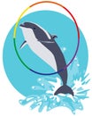 Dolphin jumping out of water through hoop flat illustrati