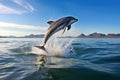 dolphin jumping out of water in an ocean panorama Royalty Free Stock Photo