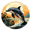 Dolphin jumping out of the water with palm trees in the background. Generative AI Royalty Free Stock Photo