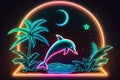 A dolphin jumping out of the water at sunset or sunrise. Summer vacation near the sea, ocean concept. Retrowave style. Royalty Free Stock Photo