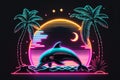 A dolphin jumping out of the water at sunset or sunrise. Summer vacation near the sea, ocean concept. Retrowave style. Royalty Free Stock Photo