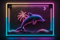 A dolphin jumping out of the water at sunset or sunrise. Summer vacation near the sea, ocean concept. Retrowave style. Royalty Free Stock Photo