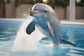 Dolphin jumping out of the water in a swimming pool at a hotel, white dolphin in the pool, AI Generated Royalty Free Stock Photo