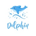 Dolphin jumping in water splash. Hand texture lettering. Vector illustration. Logo Royalty Free Stock Photo