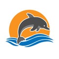 Dolphin jumps out of the water against the background of sunset or dawn. Logo, logo, or sticker for a logo, website, or app Royalty Free Stock Photo