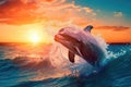 Dolphin jumps out of the water double exposure illustration - Generative AI. Royalty Free Stock Photo