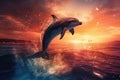 Dolphin jumps out of the water double exposure illustration - Generative AI. Royalty Free Stock Photo