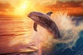 Dolphin jumps out of the water double exposure illustration - Generative AI. Royalty Free Stock Photo