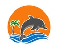 Dolphin jumps out of the water near an island with a palm tree against the background of sunset or dawn. Logo, logo, or sticker Royalty Free Stock Photo