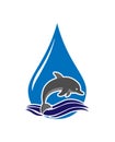 Dolphin jumps out of the waves against the background of a drop of water. Logo, logo, or sticker for a logo, website, or app Royalty Free Stock Photo