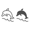 Dolphin jumps over wave line and solid icon, summer concept, Jumping dolphin sign on white background, Aquatic mammal Royalty Free Stock Photo