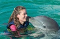 Dolphin kiss young woman .