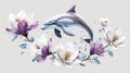 Dolphin Swimming Through Magnolia Flowers, Whimsical Nature Art Royalty Free Stock Photo
