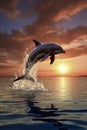 Dolphin leaping from ocean at sunset, captivating natural beauty, grace, serene waters, golden hues, breathtaking, majestic