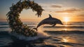 Romantic Dolphin Jumping Through Floral Arch at Sunset Royalty Free Stock Photo