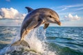 Dolphin leaps ocean wave, clear sky background Royalty Free Stock Photo