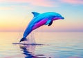 A dolphin leaps out of calm ocean waters at sunset, creating a striking visual with its Royalty Free Stock Photo