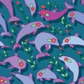 Dolphin line flower seamless pattern Royalty Free Stock Photo