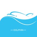 Dolphin logo on blue sea wave background.Vector flat illustration