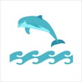 Dolphin logo jumping in blue sea background with waves. Vector illustration. Royalty Free Stock Photo