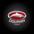 Dolphin logo template. Silver dolphin logotype on deep red background. Badge, t-shirt design, illustration.