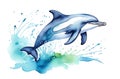 A dolphin made in watercolor. A tattoo drawn in watercolor by hand. T-shirt print, notebook cover, wallpaper, background