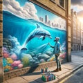 Dolphin Mural Graffiti Artist Painting Ocean Scene Brick Wall Vintage City Building AI Generated